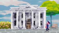 Illustration of a woman walking towards a bank, with a bench, tree, and bushes surrounding.
